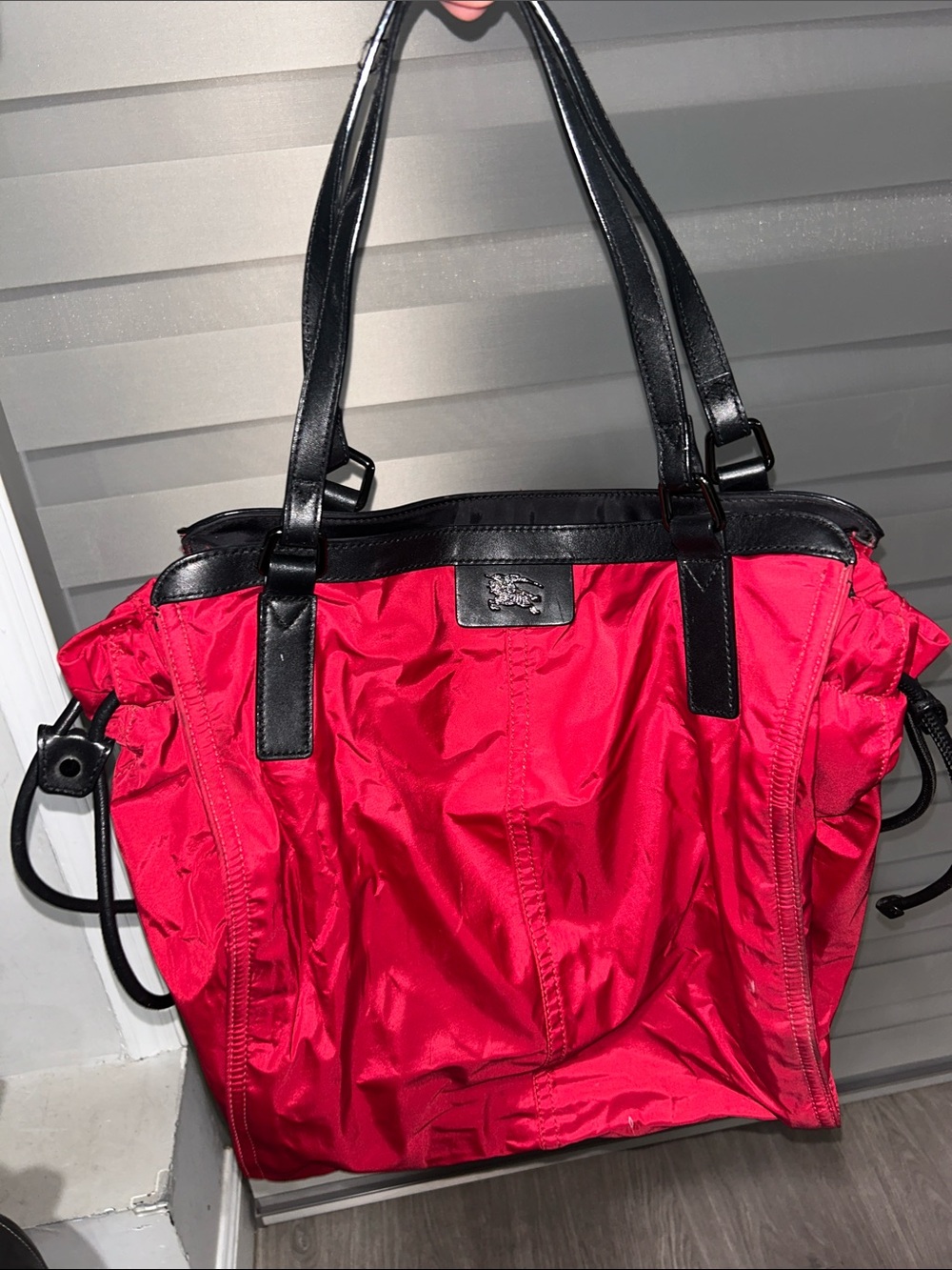 BURBERRY Red Nylon Tote with Black Trim and Handles